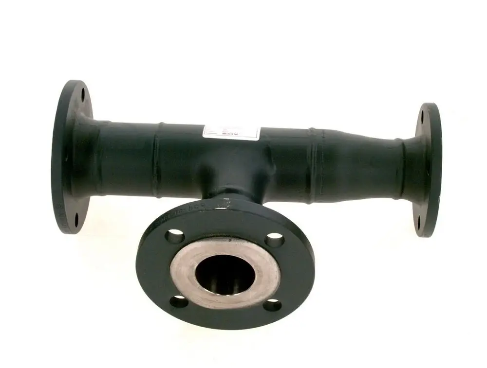 Rohrverbindung von Bosch mit zwei Flanschen und einer mittigen Verbindung, hergestellt aus schwarzem Material, geeignet für industrielle Anwendungen.
